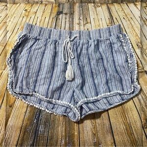 Aeropostale Blue White Striped Tassel Linen Blend Shorts
